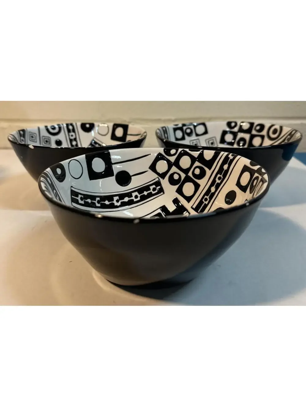 Pier 1 Traffix Set of 3 bowls Black White Modern Geometric Abstract has chips